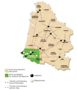 Carte de la zone IGP Jambon de Bayonne dans le bassin de l'Adour
